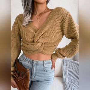 Twist Knot Waffle Knit Sweater Wrap Crop Top Long Sleeve V-neck Light Shirt Tan